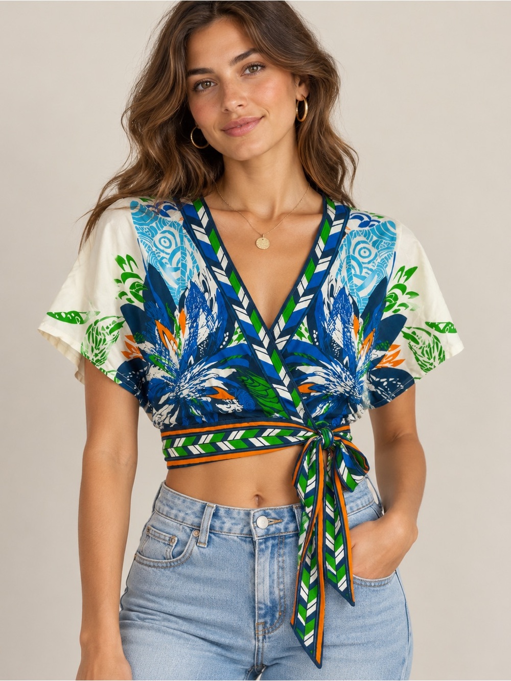 Jealous Tomato Tropical Floral Wrap Crop Top Blue Green Orange Size S